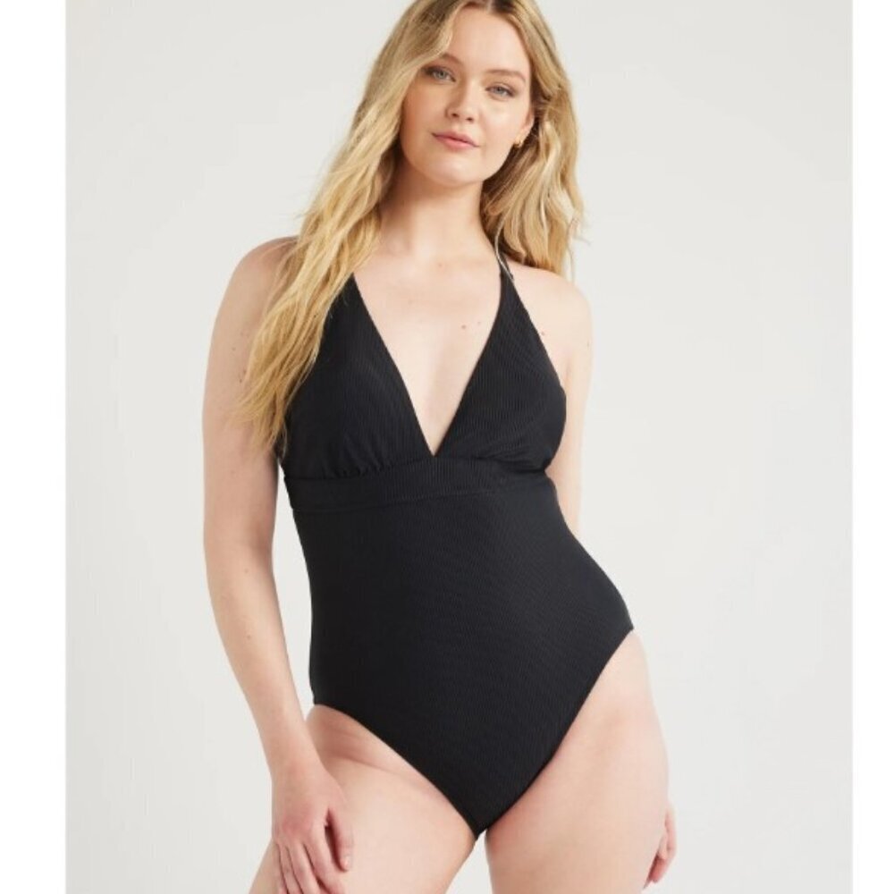 Time and Tru Black Ribbed One-Piece Swimsuit – Size S (4-6)